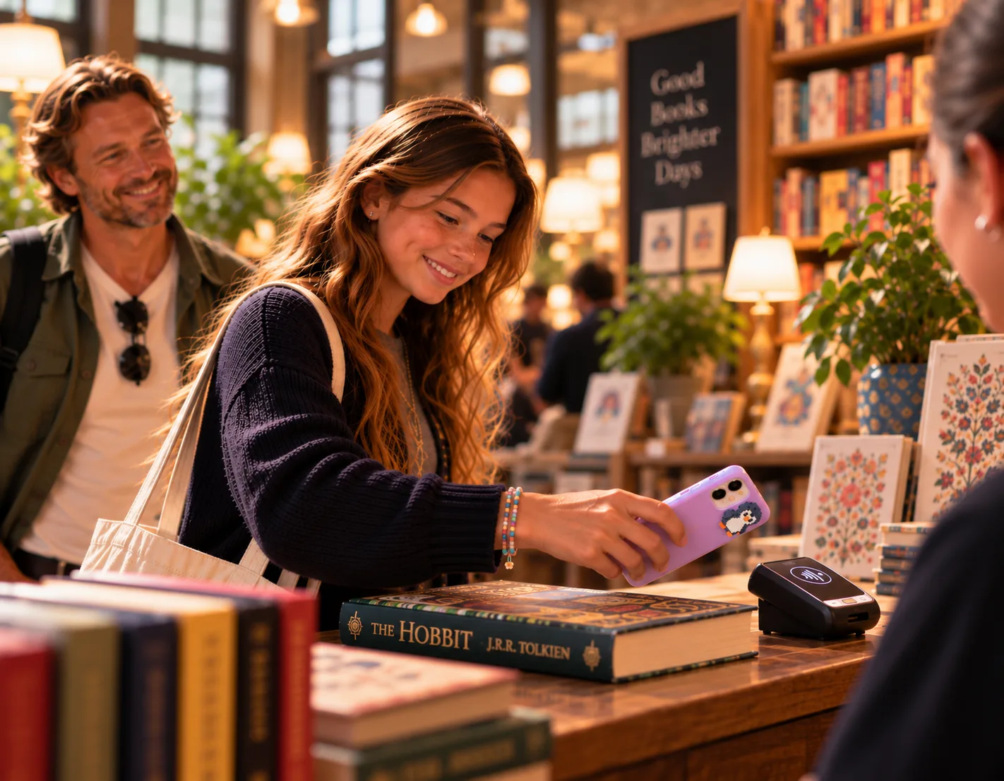 An older girl buys The Hobbit herself in a bookshop, her dad nearby