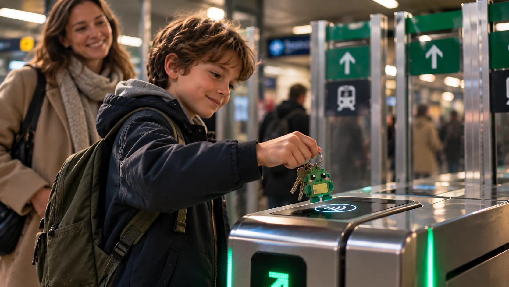 A young boy taps through the metro gate himself while his mum waits a step behind