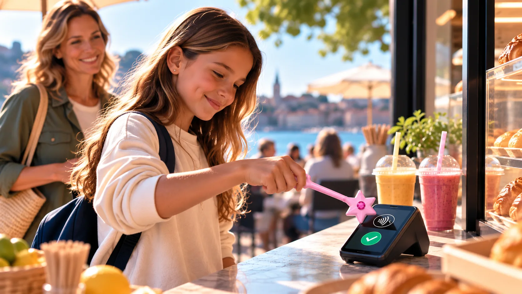 A young girl pays for the smoothies herself at a café while her mum looks on